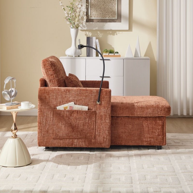Multifunctional Chenille Recliner Sofa with Storage and Phone Bracket for Living Room or Bedroom in Orange - 海智集