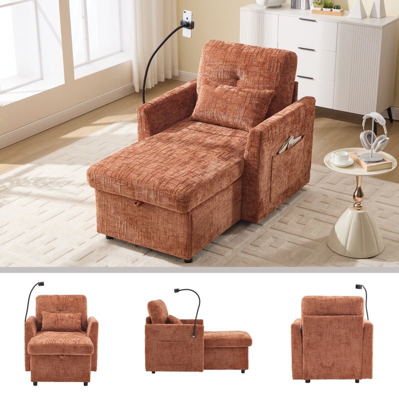 Multifunctional Chenille Recliner Sofa with Storage and Phone Bracket for Living Room or Bedroom in Orange - 海智集