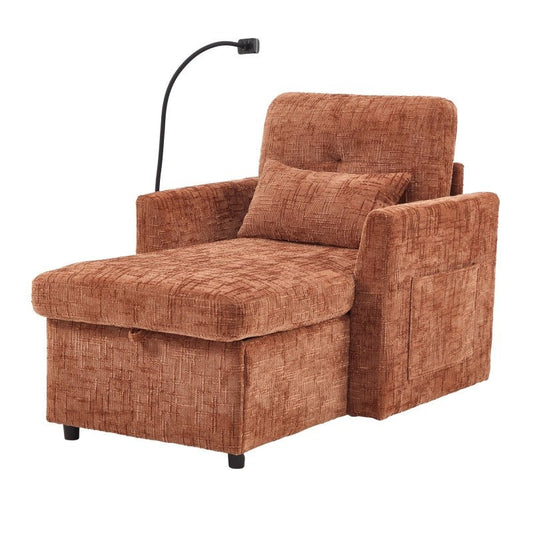 Multifunctional Chenille Recliner Sofa with Storage and Phone Bracket for Living Room or Bedroom in Orange-海智集-Default-