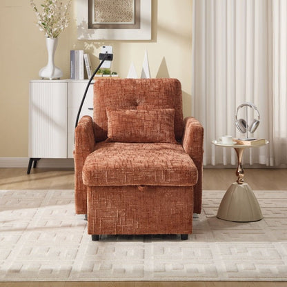 Multifunctional Chenille Recliner Sofa with Storage and Phone Bracket for Living Room or Bedroom in Orange - 海智集