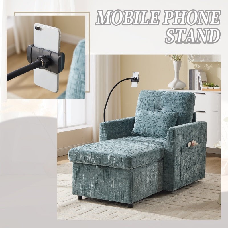 Multifunctional Chenille Recliner with Storage and Phone Bracket for Small Spaces in Lake Blue-海智集-Default-