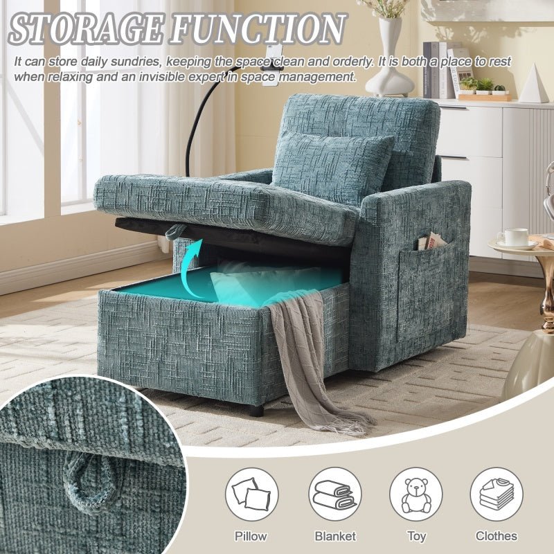 Multifunctional Chenille Recliner with Storage and Phone Bracket for Small Spaces in Lake Blue-海智集-Default-