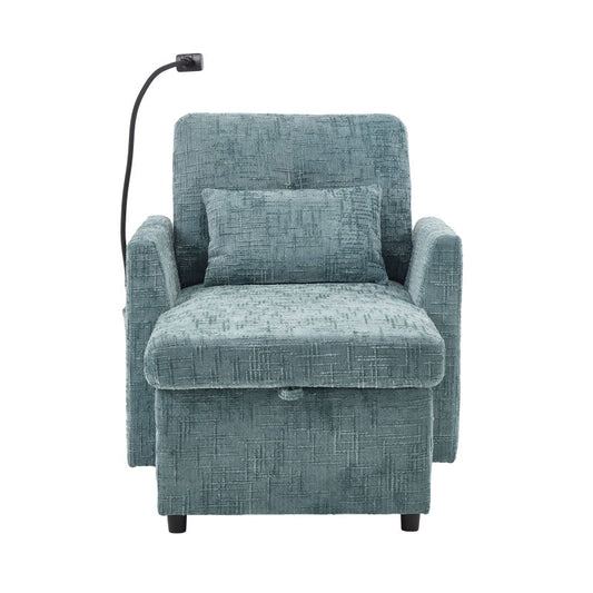 Multifunctional Chenille Recliner with Storage and Phone Bracket for Small Spaces in Lake Blue-海智集-Default-