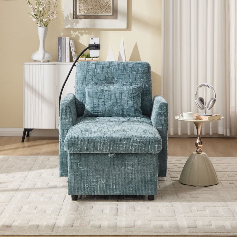 Multifunctional Chenille Recliner with Storage and Phone Bracket for Small Spaces in Lake Blue-海智集-Default-