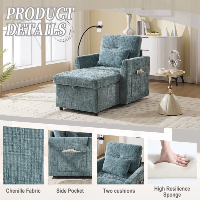 Multifunctional Chenille Recliner with Storage and Phone Bracket for Small Spaces in Lake Blue - 海智集