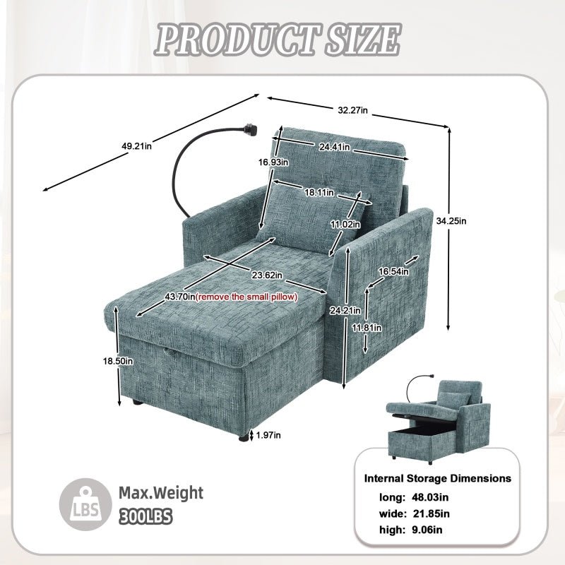Multifunctional Chenille Recliner with Storage and Phone Bracket for Small Spaces in Lake Blue - 海智集
