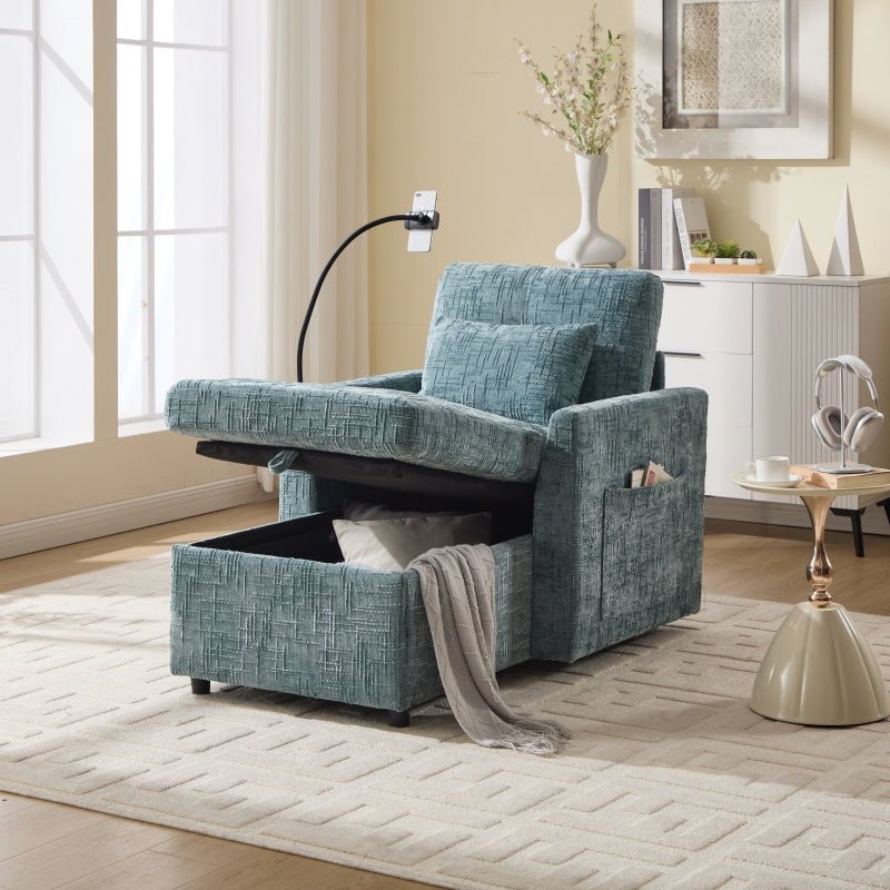 Multifunctional Chenille Recliner with Storage and Phone Bracket for Small Spaces in Lake Blue - 海智集