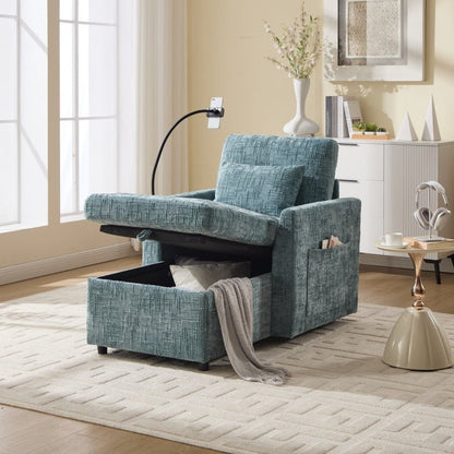 Multifunctional Chenille Recliner with Storage and Phone Bracket for Small Spaces in Lake Blue - 海智集