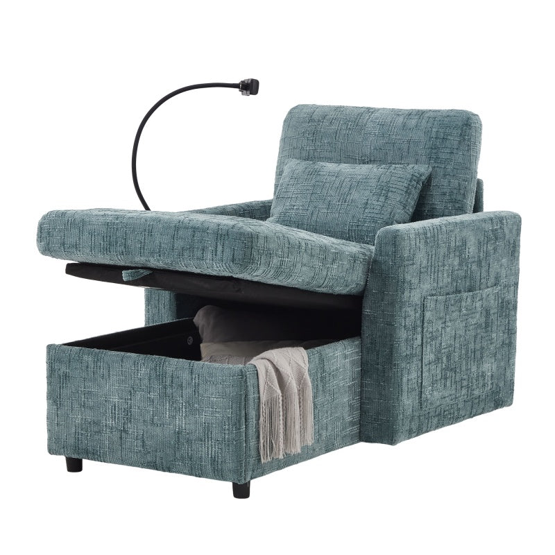 Multifunctional Chenille Recliner with Storage and Phone Bracket for Small Spaces in Lake Blue-海智集-Default-