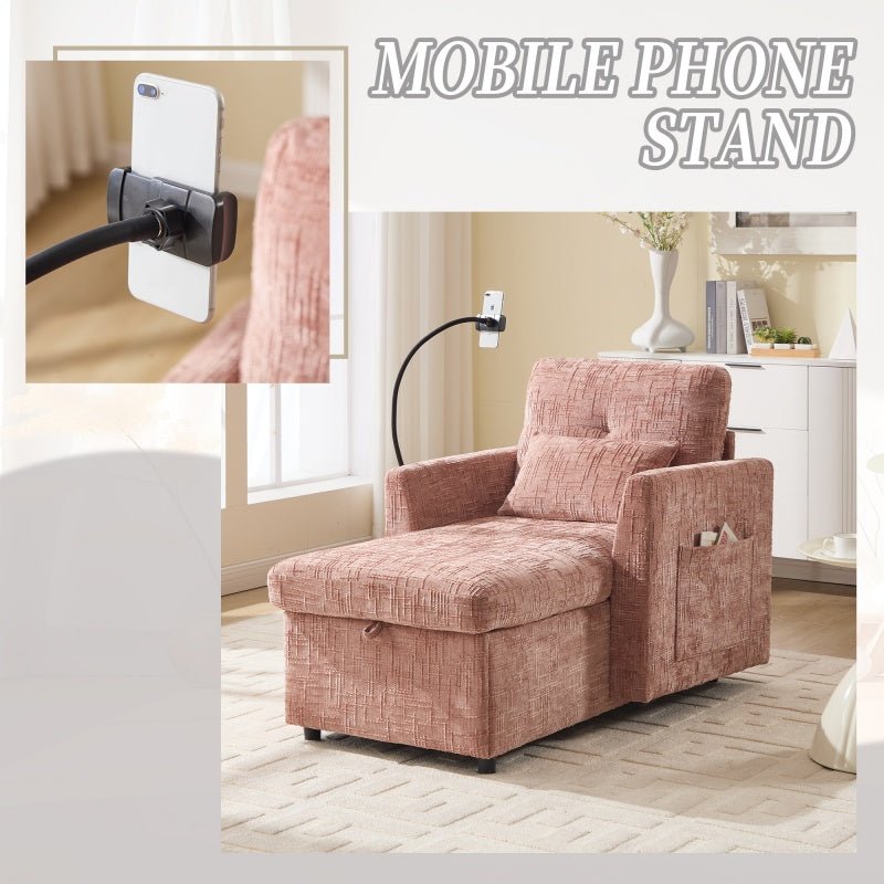 Multifunctional Lazy Person Sofa Recliner with Storage Backrest and Cell Phone Bracket in Pink Chenille for Living Room and Bedroom-海智集-Default-