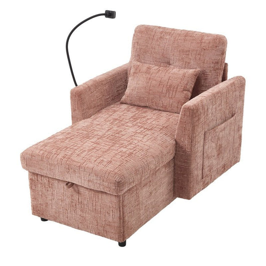 Multifunctional Lazy Person Sofa Recliner with Storage Backrest and Cell Phone Bracket in Pink Chenille for Living Room and Bedroom-海智集-Default-