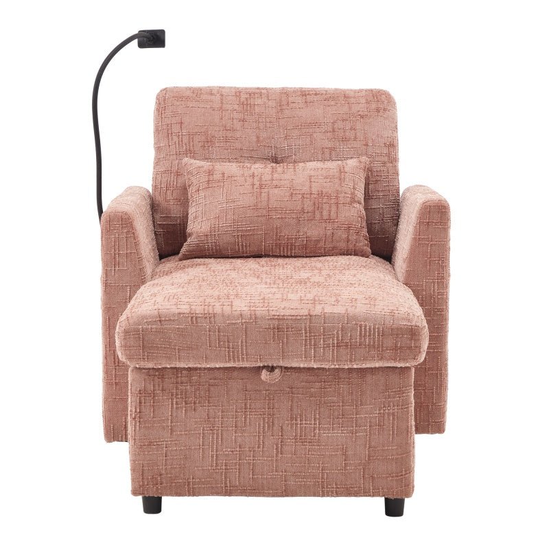 Multifunctional Lazy Person Sofa Recliner with Storage Backrest and Cell Phone Bracket in Pink Chenille for Living Room and Bedroom - 海智集