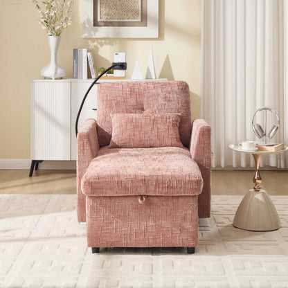 Multifunctional Lazy Person Sofa Recliner with Storage Backrest and Cell Phone Bracket in Pink Chenille for Living Room and Bedroom-海智集-Default-