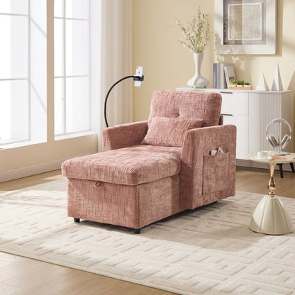 Multifunctional Lazy Person Sofa Recliner with Storage Backrest and Cell Phone Bracket in Pink Chenille for Living Room and Bedroom - 海智集
