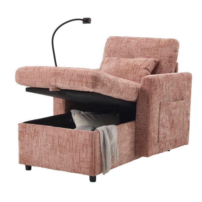 Multifunctional Lazy Person Sofa Recliner with Storage Backrest and Cell Phone Bracket in Pink Chenille for Living Room and Bedroom - 海智集