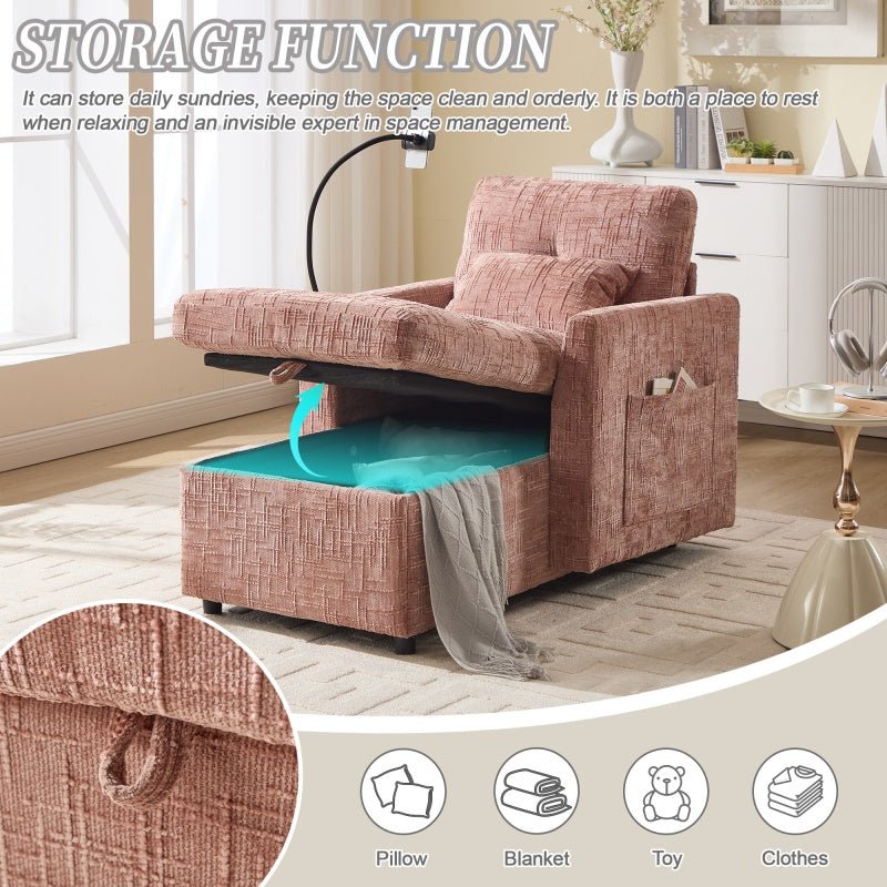 Multifunctional Lazy Person Sofa Recliner with Storage Backrest and Cell Phone Bracket in Pink Chenille for Living Room and Bedroom - 海智集