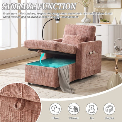 Multifunctional Lazy Person Sofa Recliner with Storage Backrest and Cell Phone Bracket in Pink Chenille for Living Room and Bedroom - 海智集