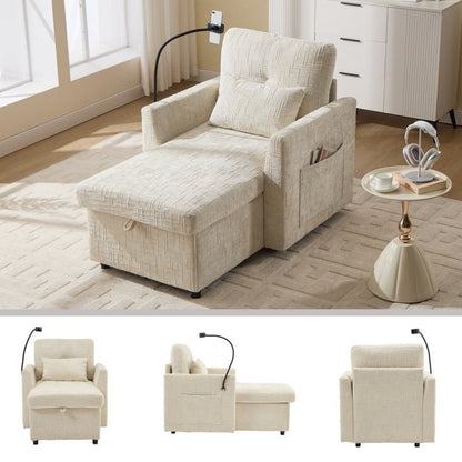 Multifunctional Lazy Person Sofa Recliner with Storage, Cell Phone Bracket, Beige Chenille, 49.21' x 32.27' x 34.25'-海智集-Default-