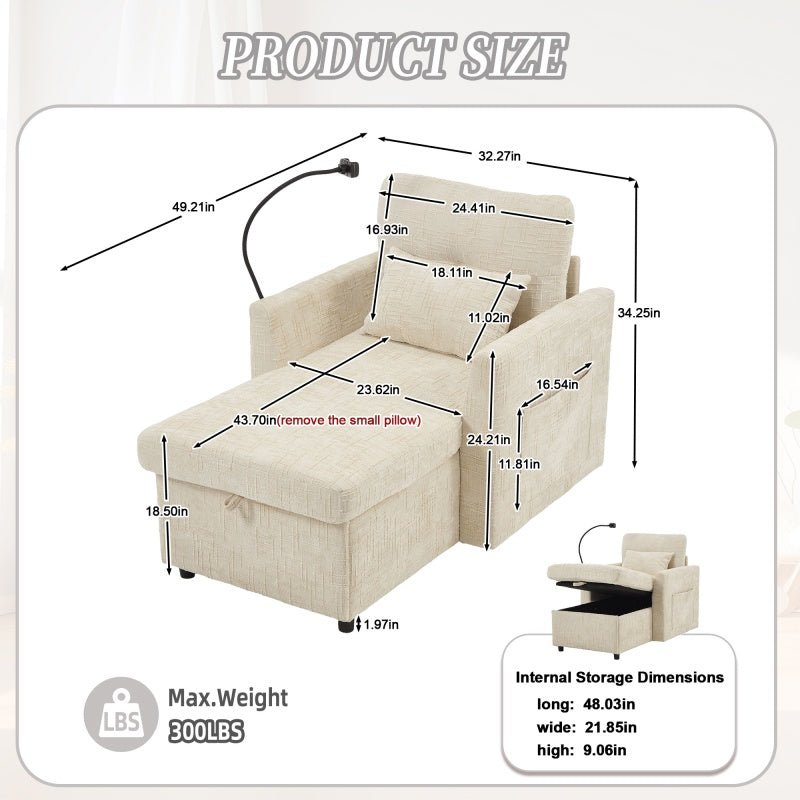 Multifunctional Lazy Person Sofa Recliner with Storage, Cell Phone Bracket, Beige Chenille, 49.21' x 32.27' x 34.25' - 海智集