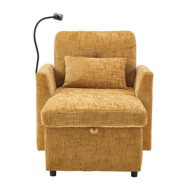 Multifunctional Lazy Sofa Recliner with Storage and Phone Bracket in Mustard Yellow Chenille for Living Room - 海智集