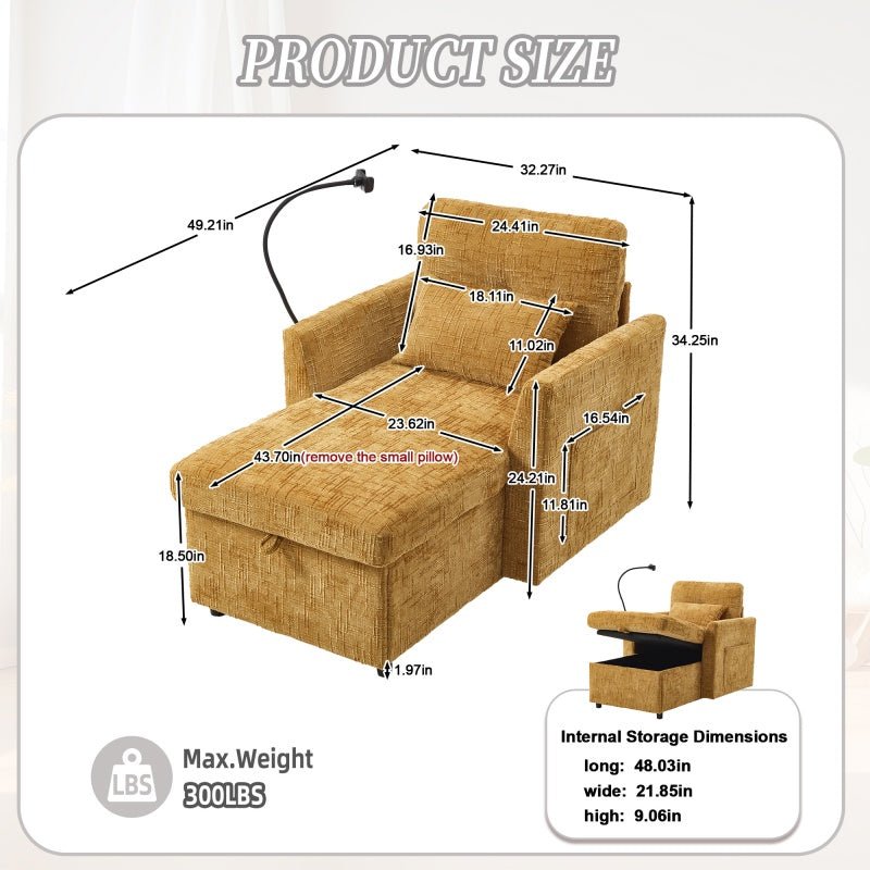 Multifunctional Lazy Sofa Recliner with Storage and Phone Bracket in Mustard Yellow Chenille for Living Room - 海智集