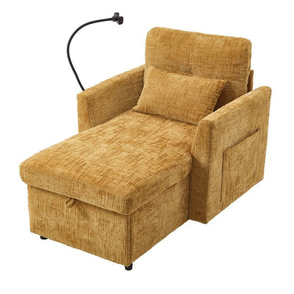 Multifunctional Lazy Sofa Recliner with Storage and Phone Bracket in Mustard Yellow Chenille for Living Room-海智集-Default-
