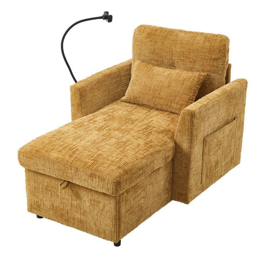 Multifunctional Lazy Sofa Recliner with Storage and Phone Bracket in Mustard Yellow Chenille for Living Room-海智集-Default-
