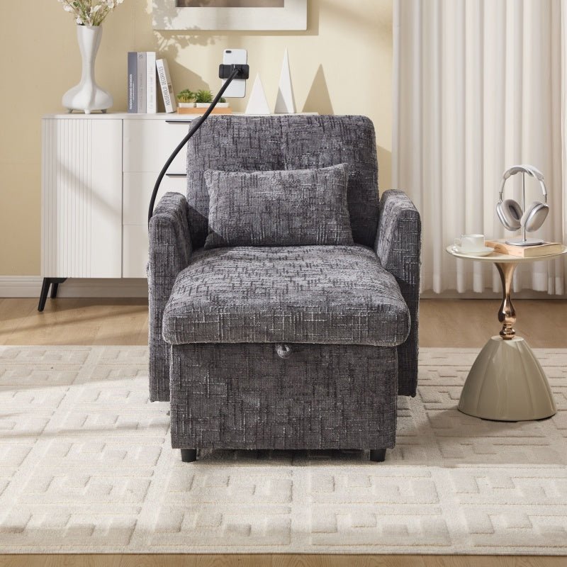 Multifunctional Recliner with Storage Backrest and Cell Phone Bracket in Gray Chenille for Living Room and Bedroom - 海智集