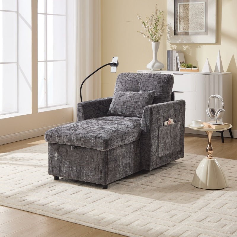 Multifunctional Recliner with Storage Backrest and Cell Phone Bracket in Gray Chenille for Living Room and Bedroom-海智集-Default-
