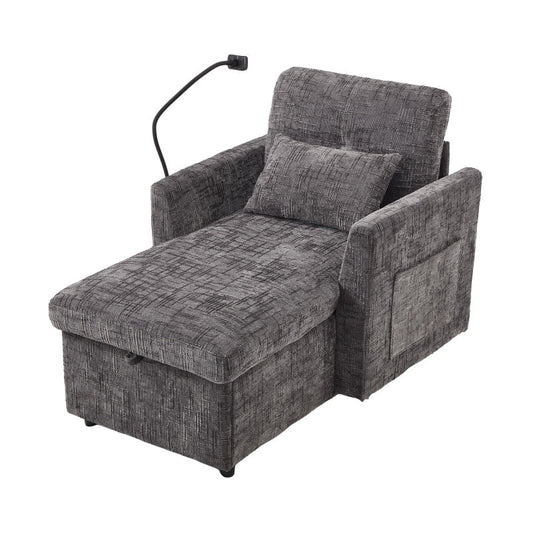 Multifunctional Recliner with Storage Backrest and Cell Phone Bracket in Gray Chenille for Living Room and Bedroom-海智集-Default-