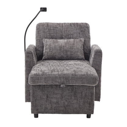 Multifunctional Recliner with Storage Backrest and Cell Phone Bracket in Gray Chenille for Living Room and Bedroom-海智集-Default-