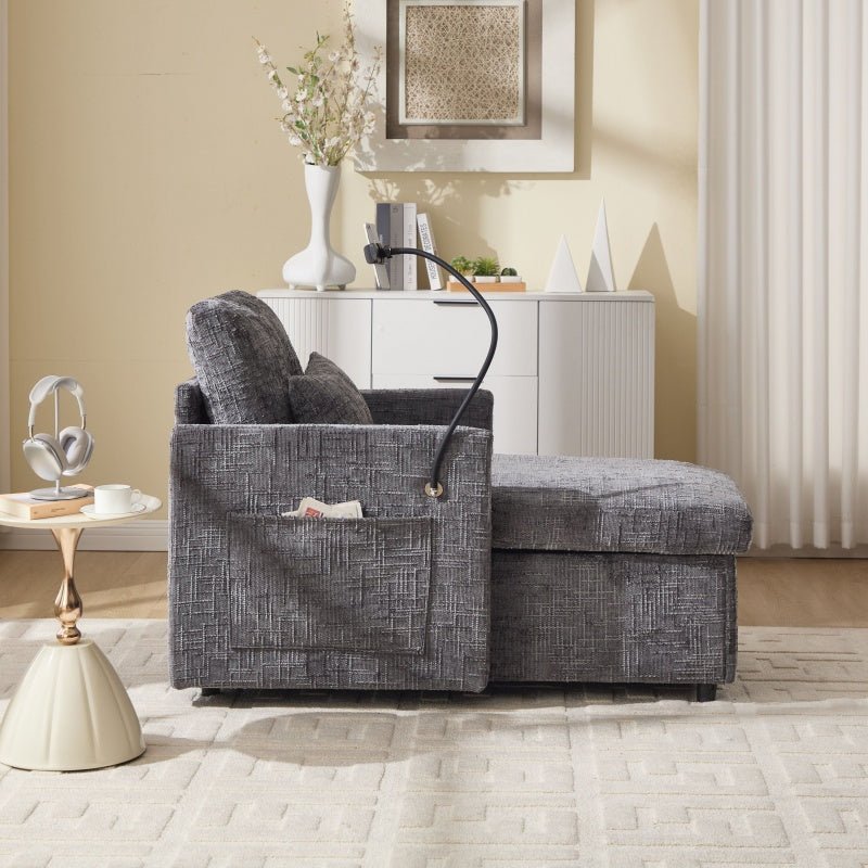 Multifunctional Recliner with Storage Backrest and Cell Phone Bracket in Gray Chenille for Living Room and Bedroom - 海智集
