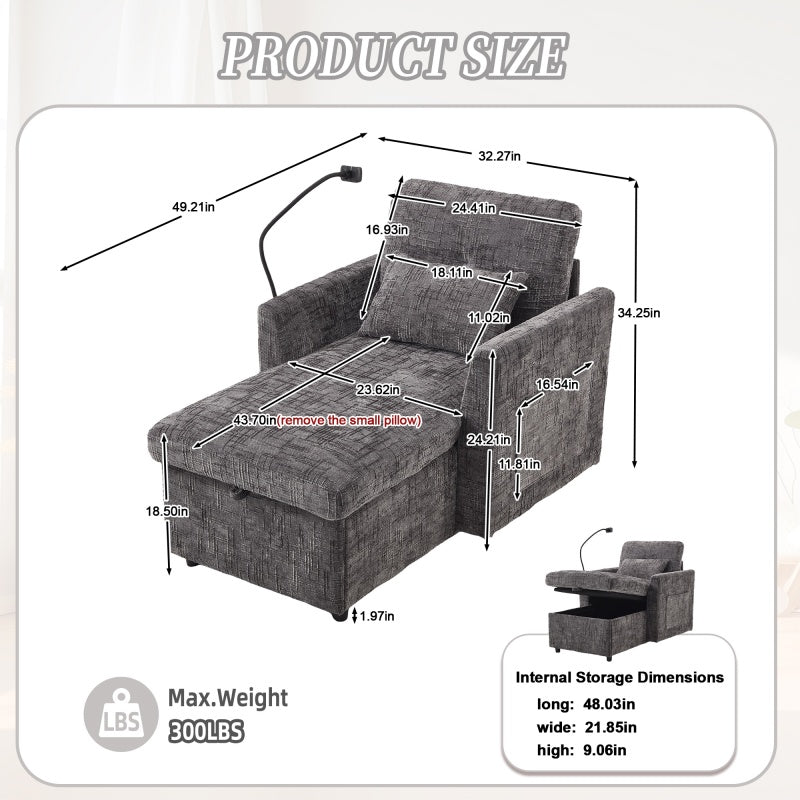 Multifunctional Recliner with Storage Backrest and Cell Phone Bracket in Gray Chenille for Living Room and Bedroom - 海智集