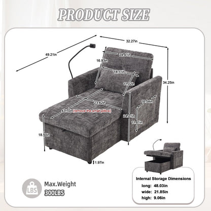 Multifunctional Recliner with Storage Backrest and Cell Phone Bracket in Gray Chenille for Living Room and Bedroom - 海智集
