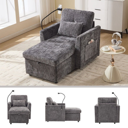 Multifunctional Recliner with Storage Backrest and Cell Phone Bracket in Gray Chenille for Living Room and Bedroom-海智集-Default-