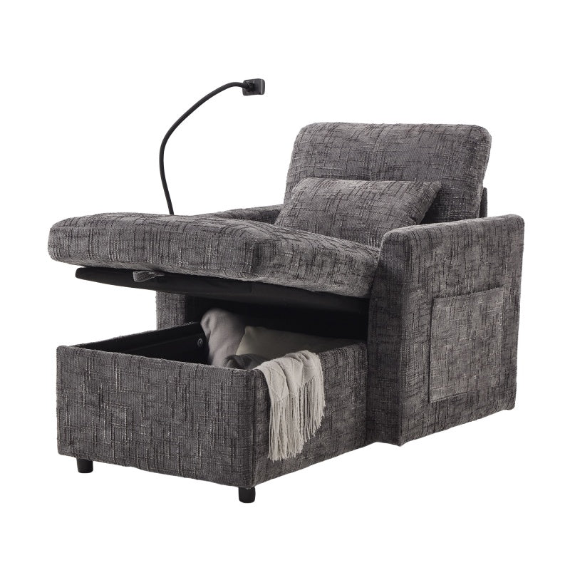 Multifunctional Recliner with Storage Backrest and Cell Phone Bracket in Gray Chenille for Living Room and Bedroom - 海智集